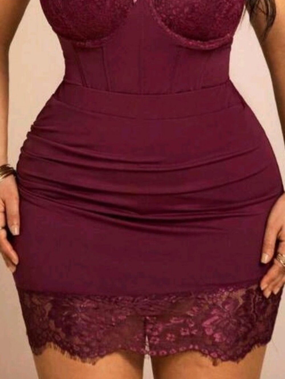 SHEIN BAE Plus Burgundy Ruched Lace Patchwork Bodycon Mini Tight Skirt. Size 12.